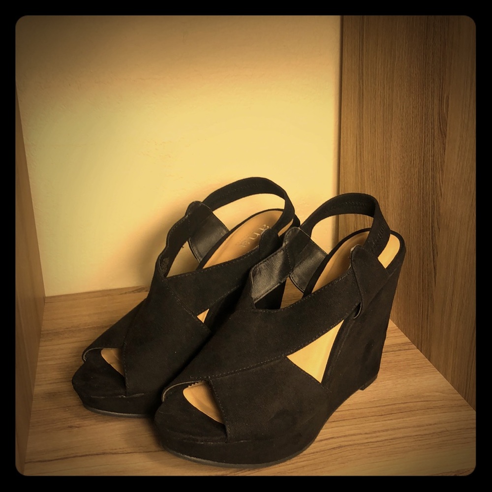 Black suede wedges by a.n.a